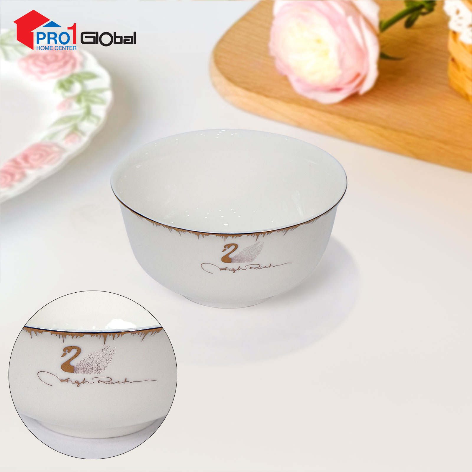 LANCE Bone Ceramic Bowl JBCJ-B6 (4.5in) White Gold Rim