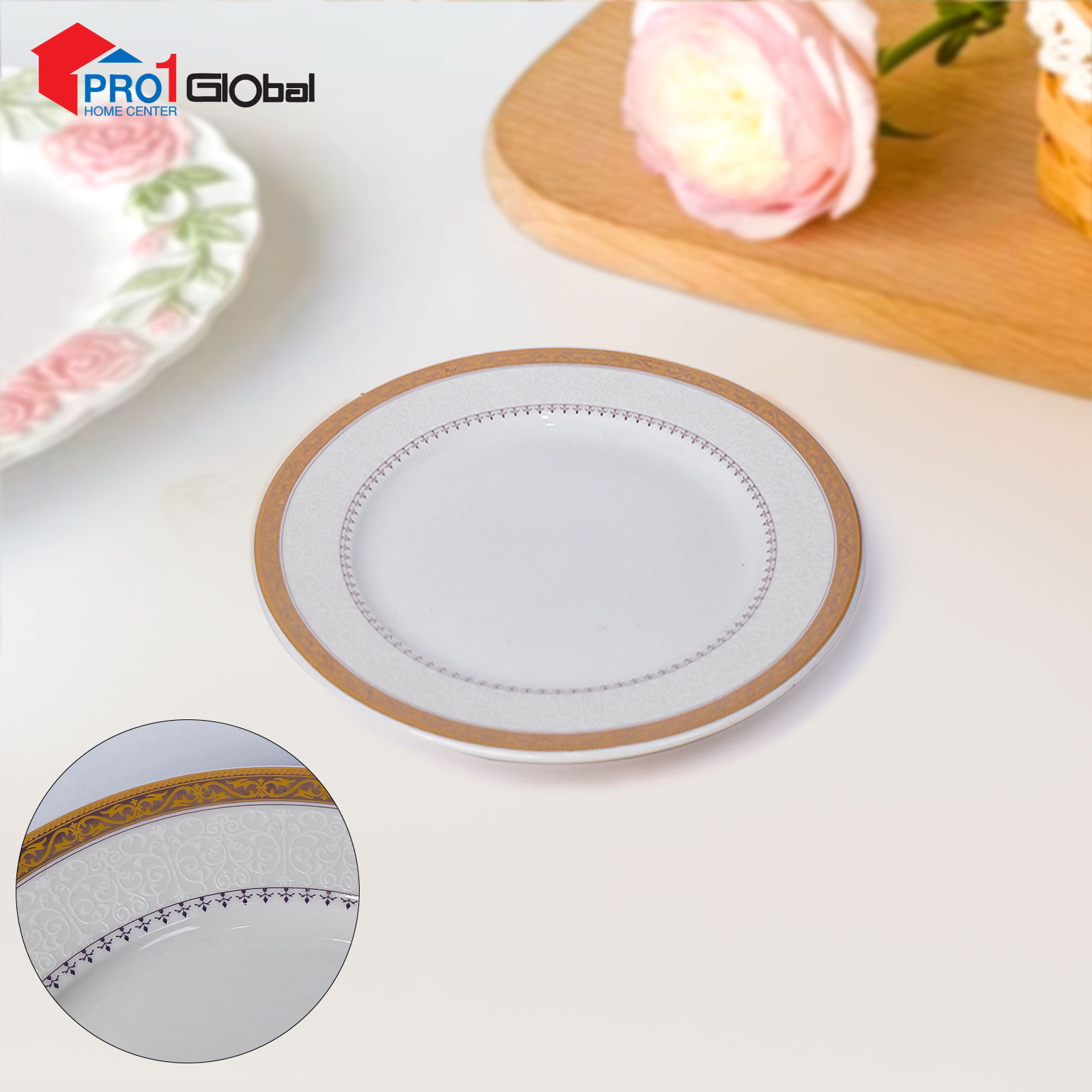 LANCE Bone Ceramic Flat Plate JBCJ-G9 (8in) White Gold Rim