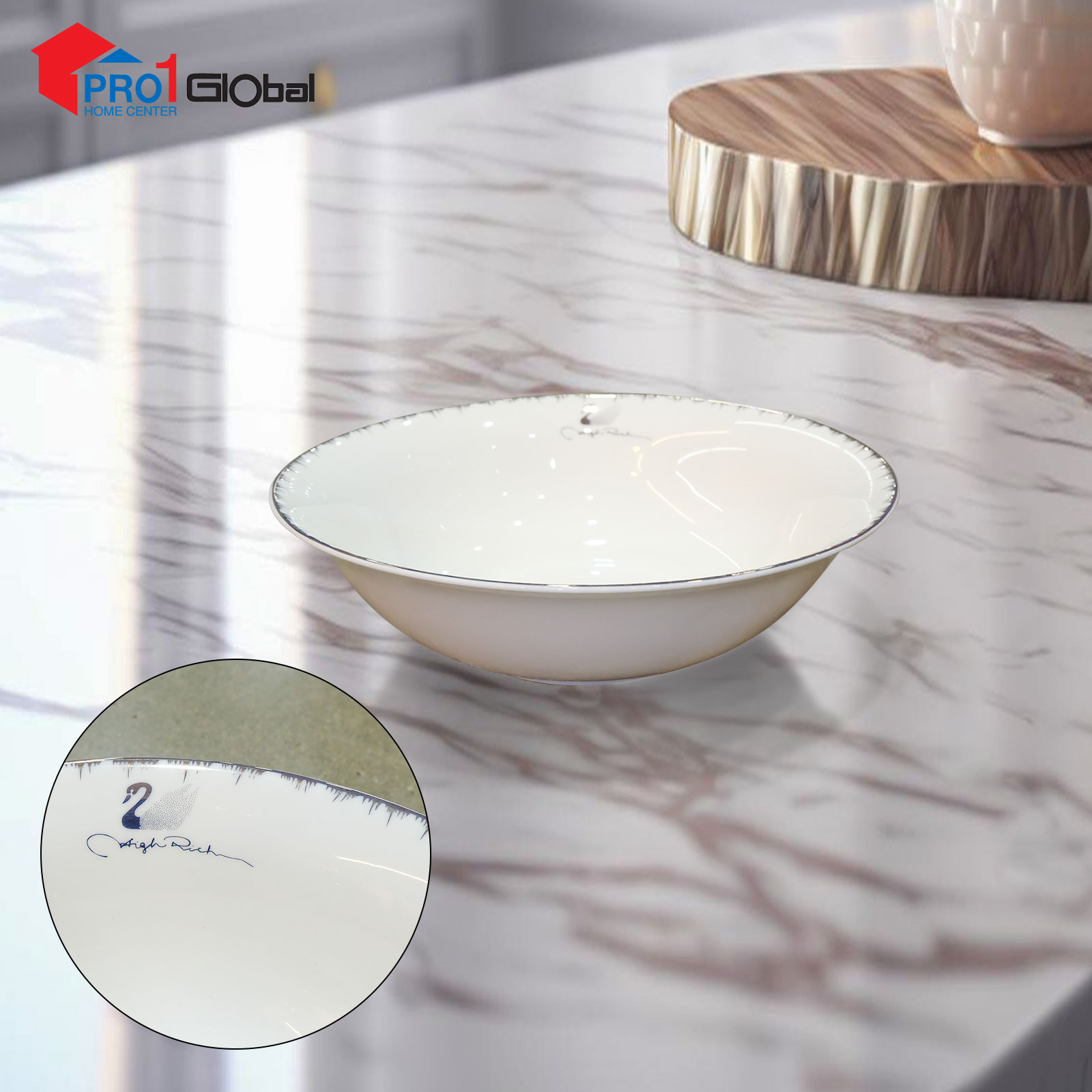 LANCE Bone Ceramic Soup Bowl JBCJ-B9 (9in) White Gold Rim