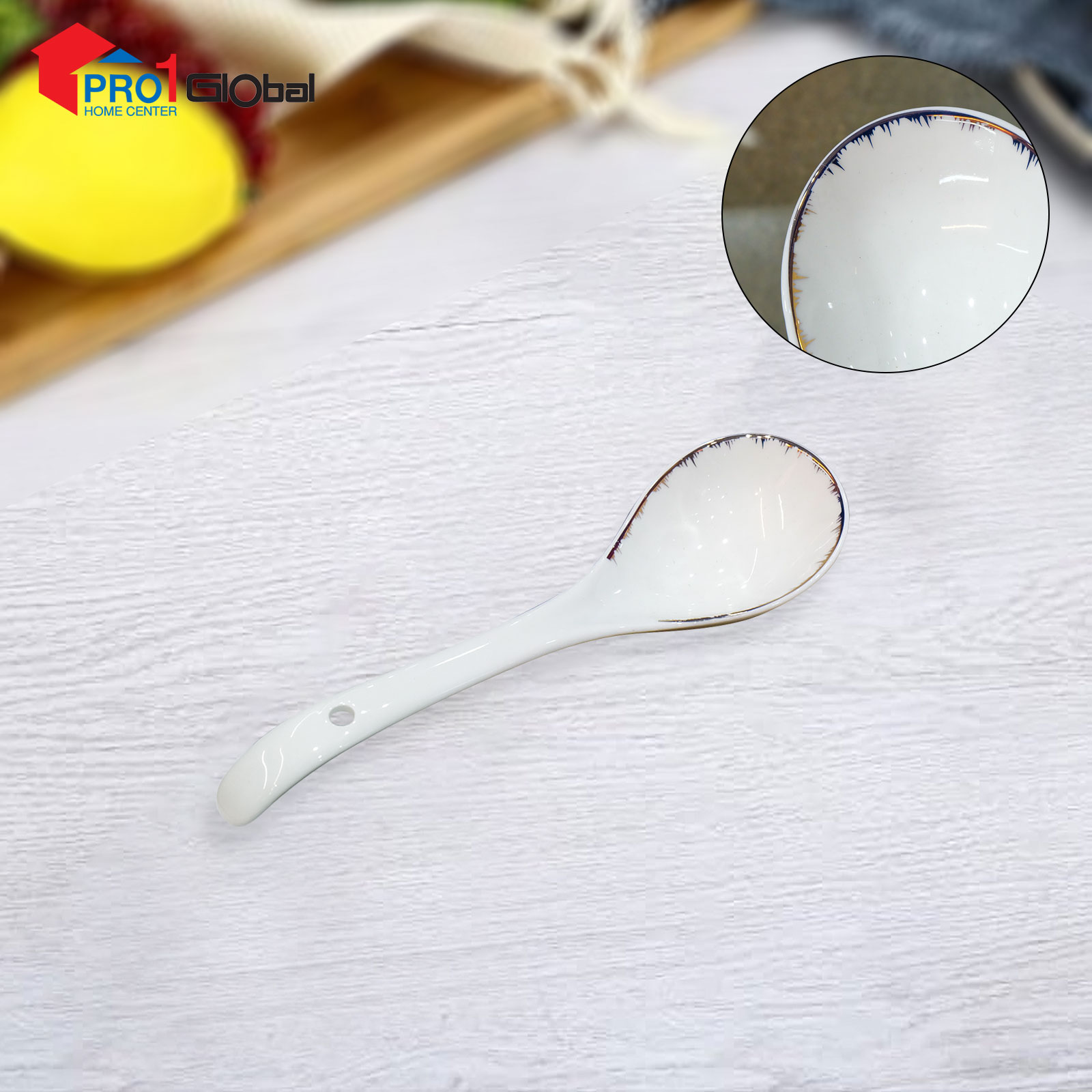 LANCE Bone Ceramic Soup Spoon JBCJ-B3 (9in) White Gold Rim