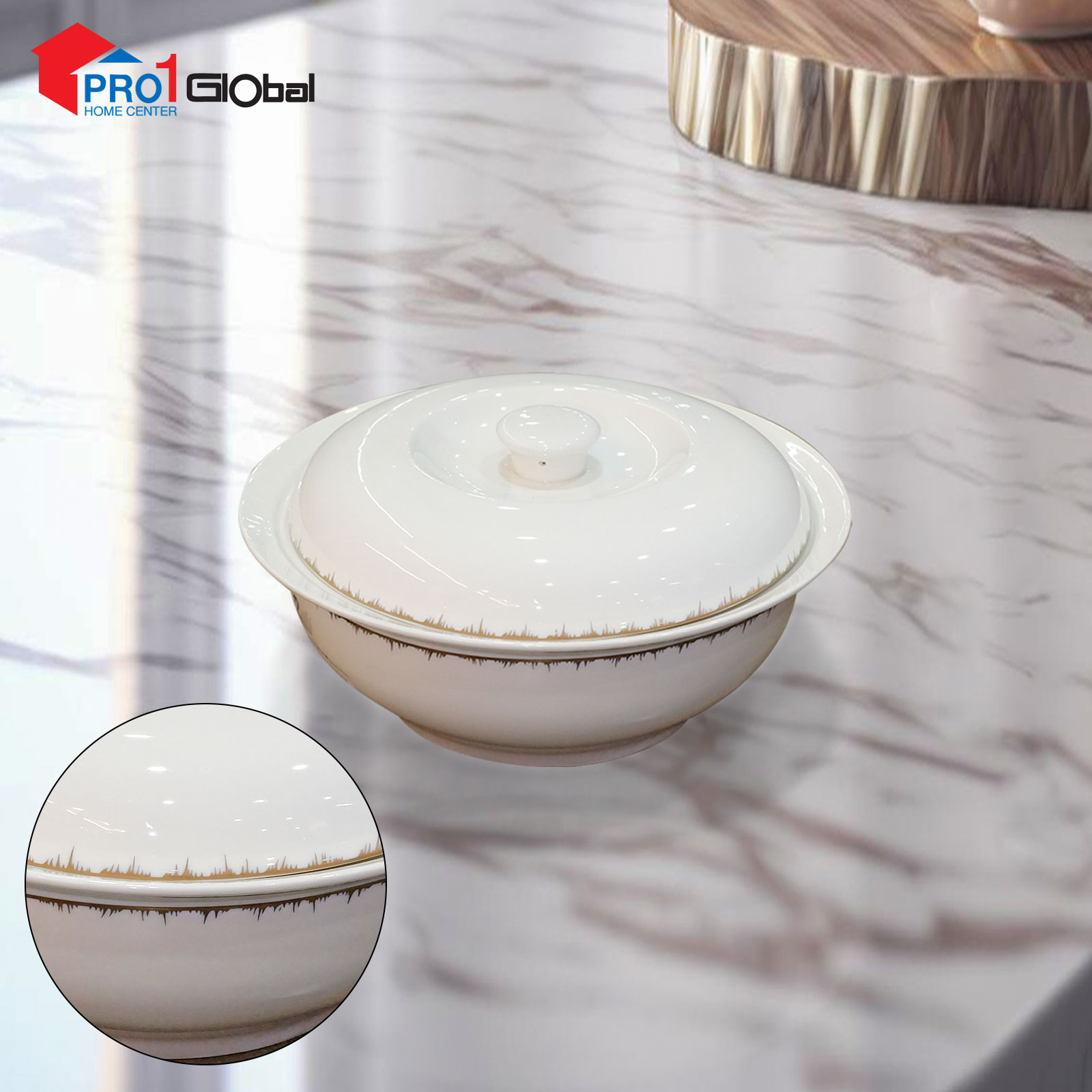 LANCE Bone Ceramic Soup Tureen with Lid JBCJ-B13 (9in) White Gold Rim