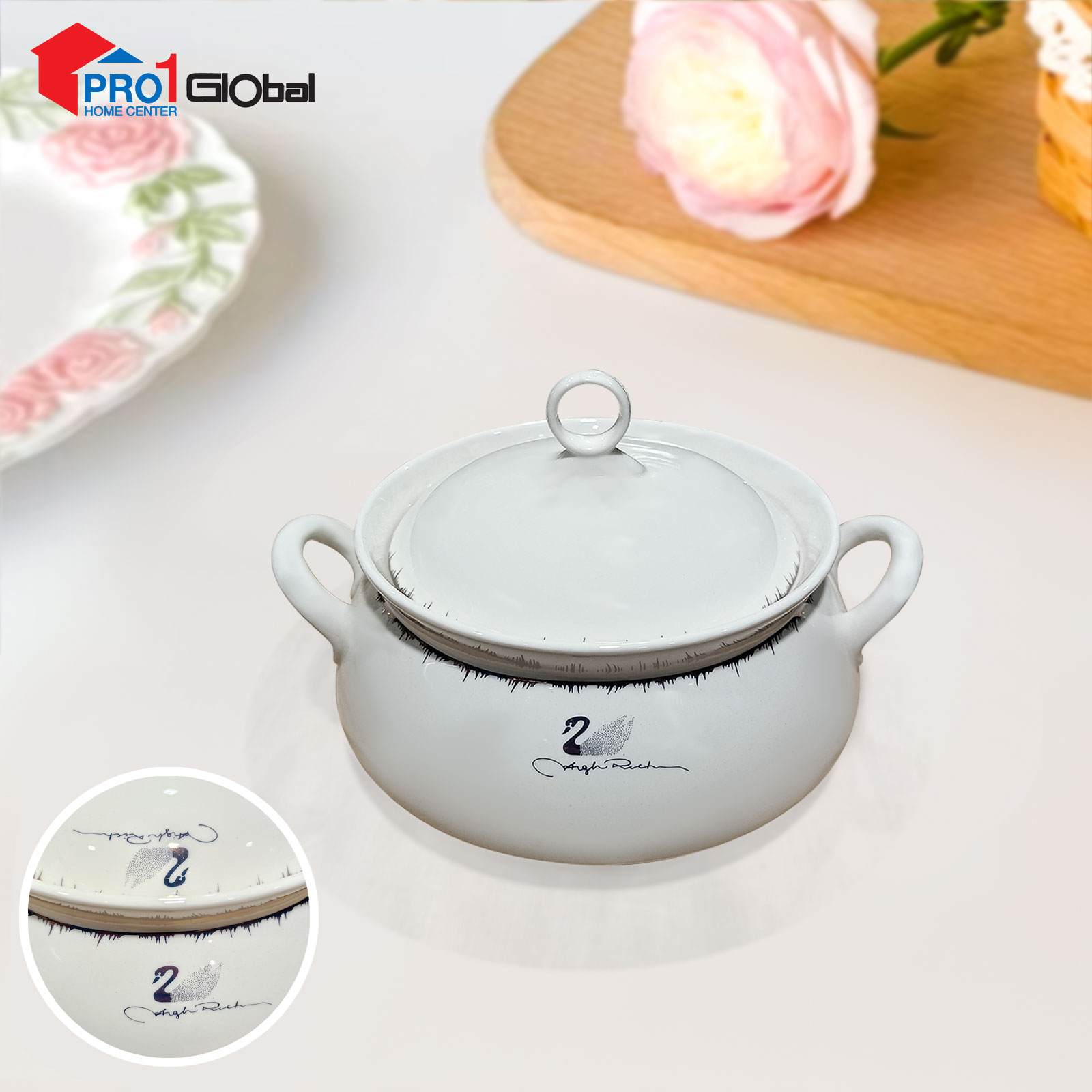 LANCE Bone Ceramic Soup Tureen with ears JBCJ-B14 (9.75in) White Gold Rim