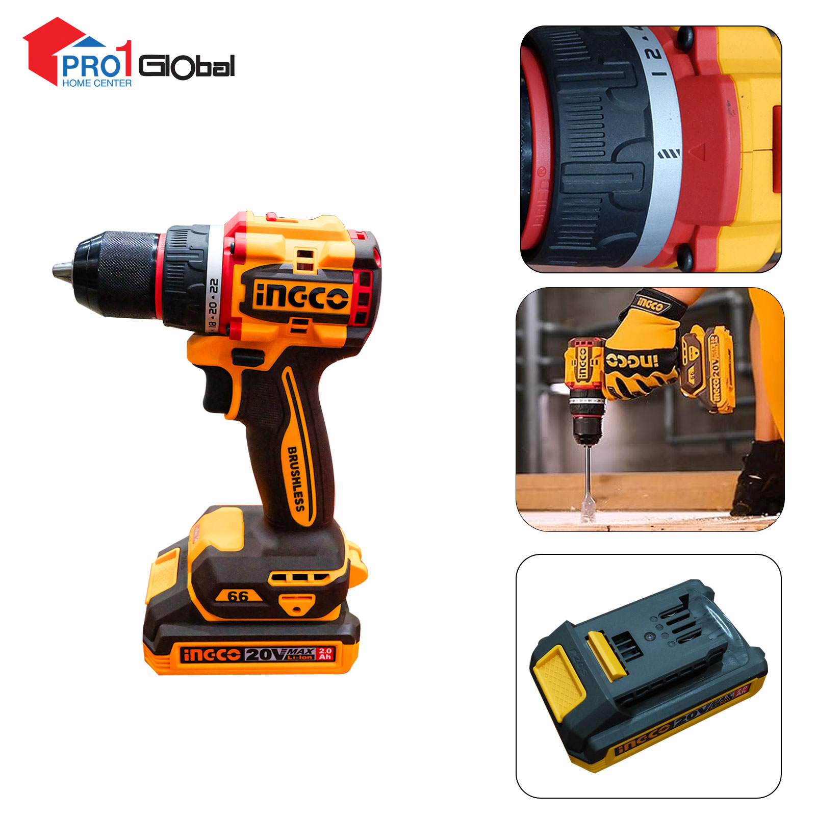 INGCO Compact Brushless Cordless Drill CDLI20668 20V 2.0Ah x 2Pcs