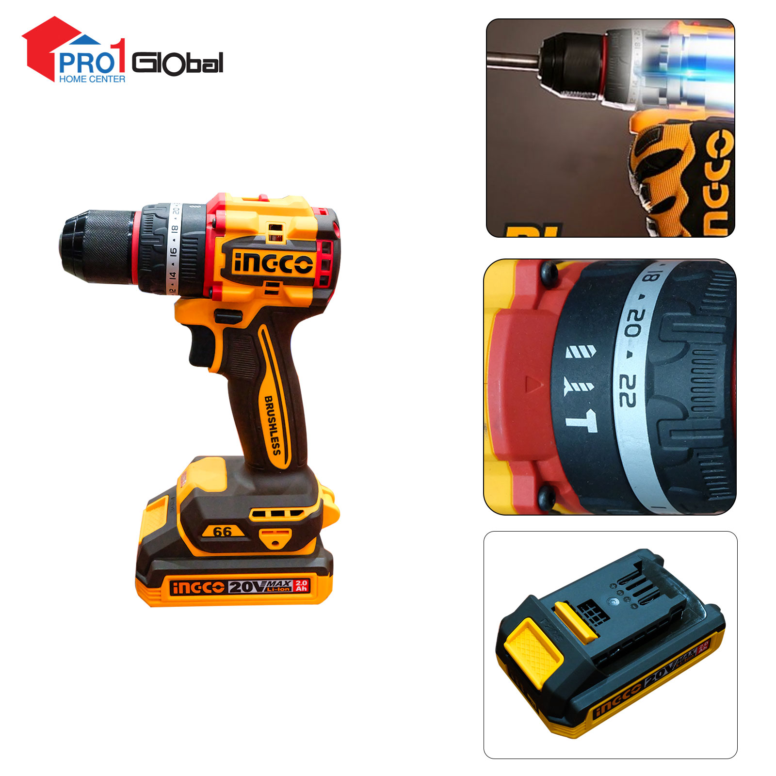 INGCO Compact Brushless Cordless Impact Drill CIDLI20668 20V 2.0Ah x 2Pcs