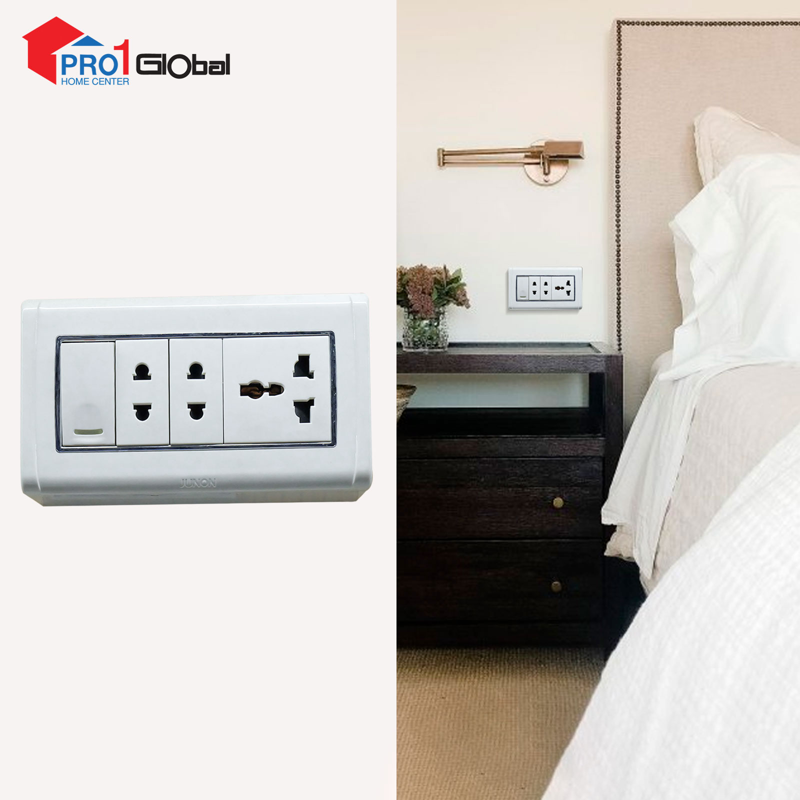 JUNON 2PinTwin & 3PinMulti Socket with 1G Switch DF811L/9P2HZ