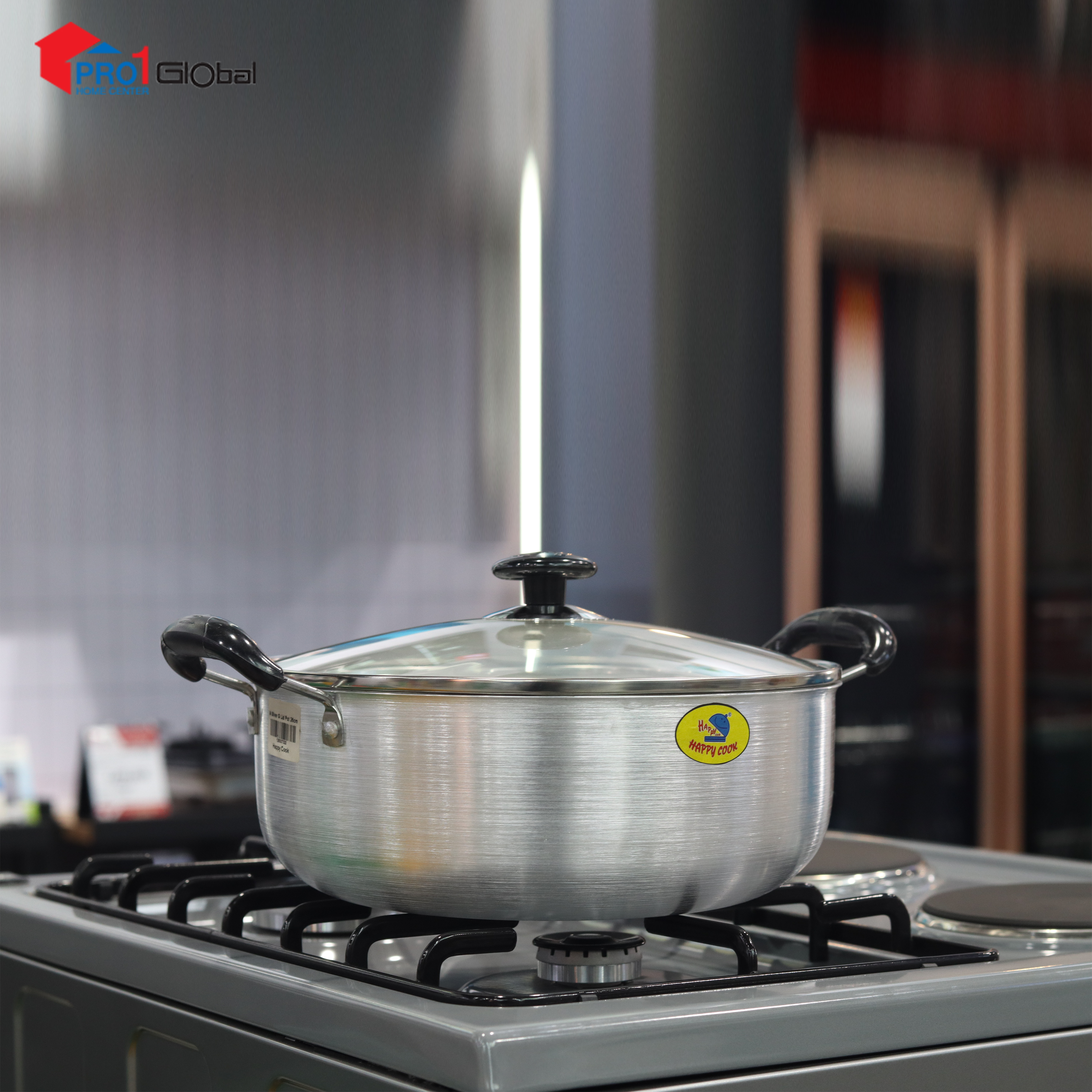 Happy Cook Aluminium M Silver Pot with Glass Cover (Side) 26cm