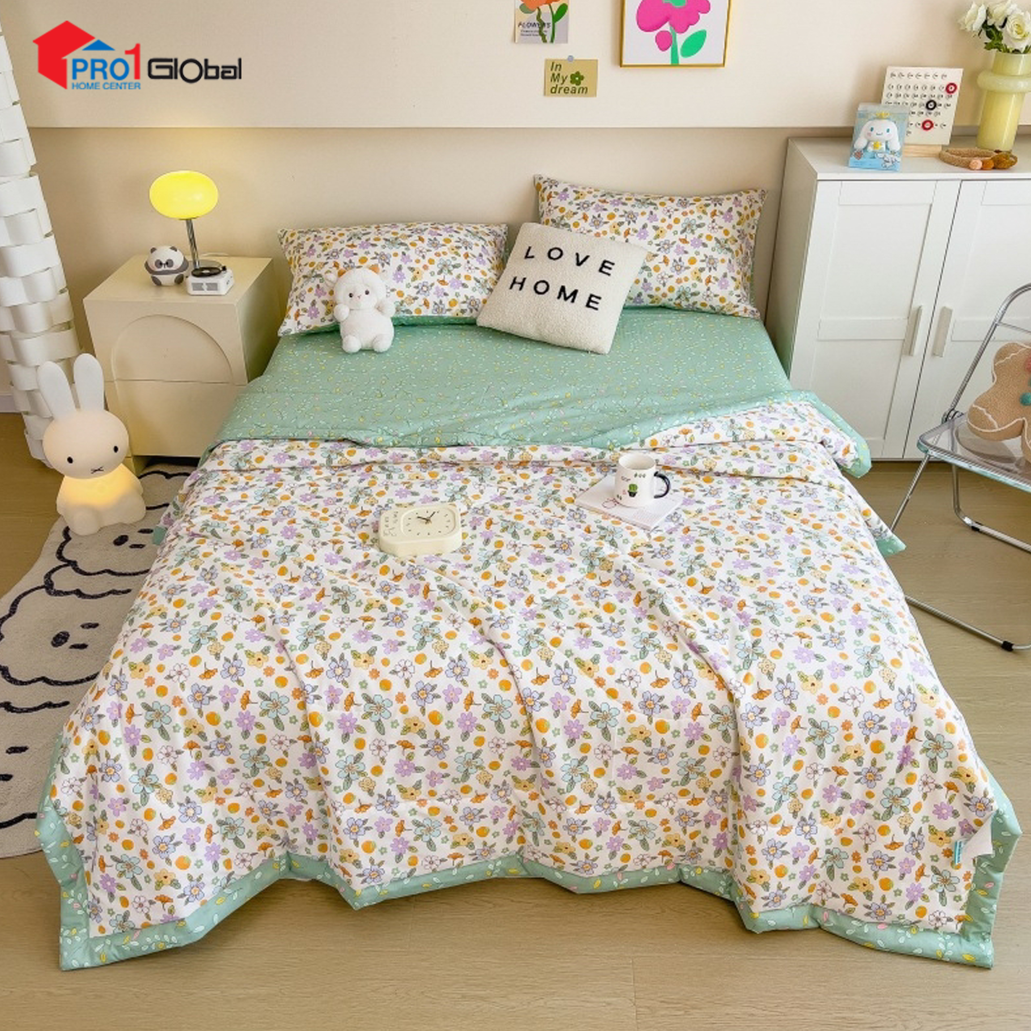 Homely Fabric Washed Cotton Double Blanket BZ506-36 (1.5 ) Kg (200x230)cm- Green Flower