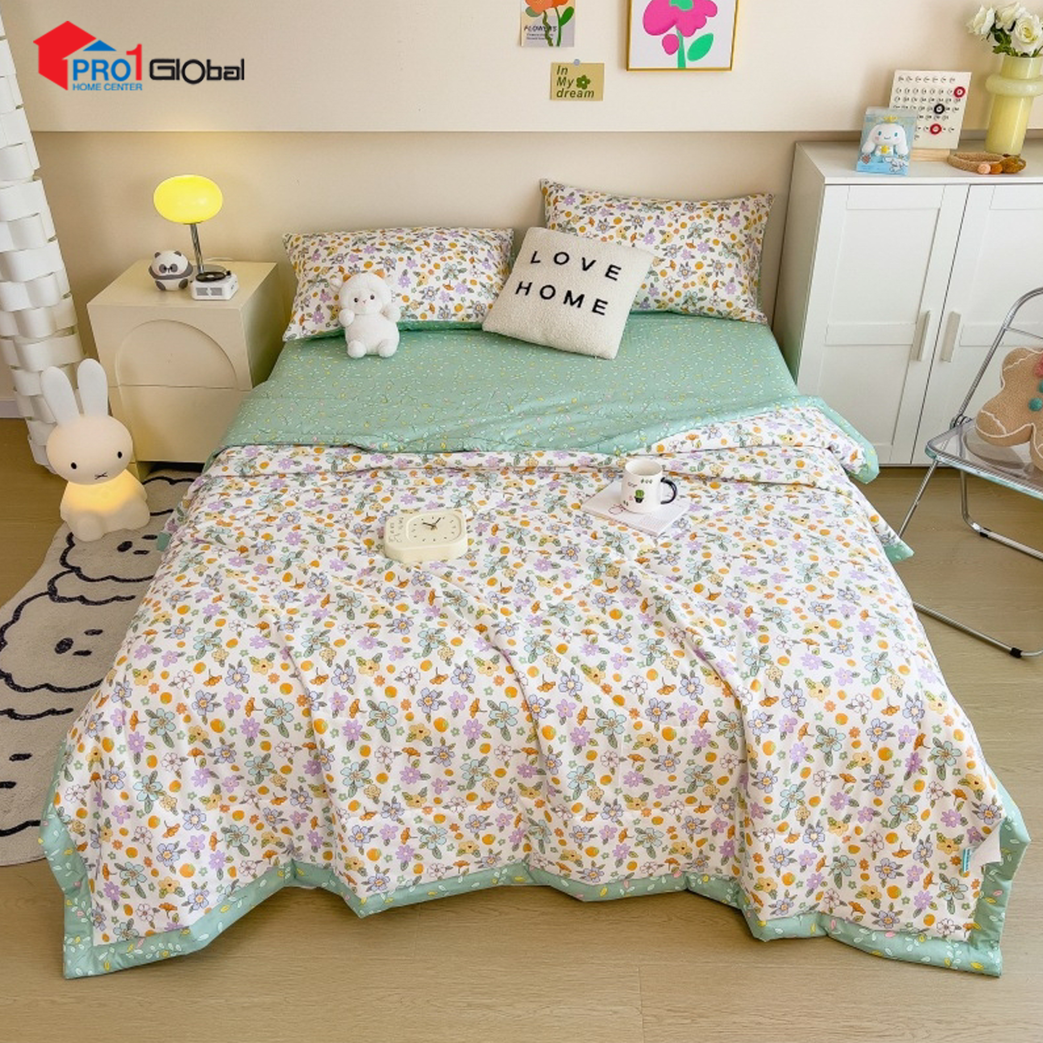  Homely Fabric Washed Cotton Single Blanket BZ506-34 (1.1) kg (150x200)cm- Green Flower