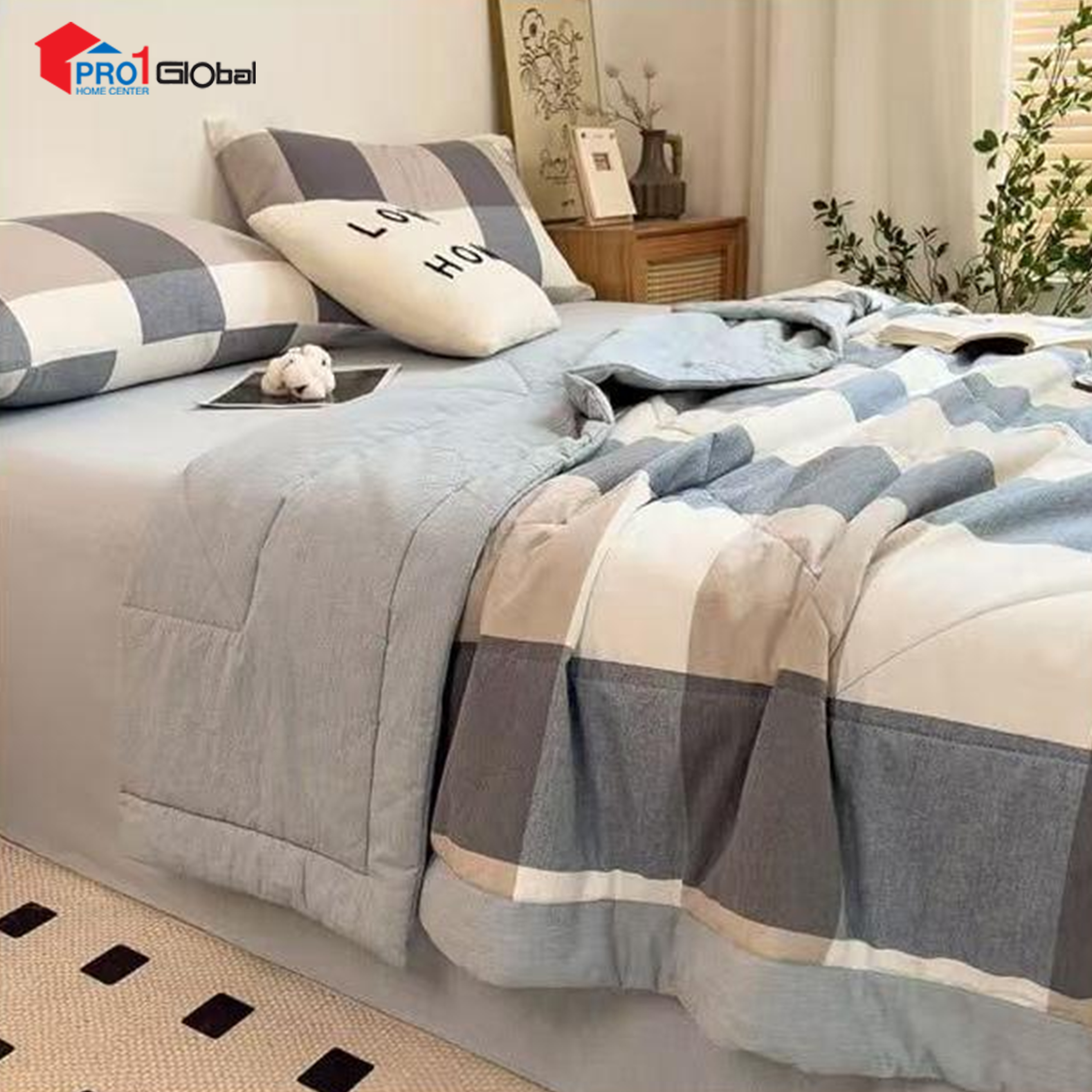 Homely Fabric Washed Cotton Double Blanket BZ506-20 (1.3 ) kg (200x230)cm- Blue Grid