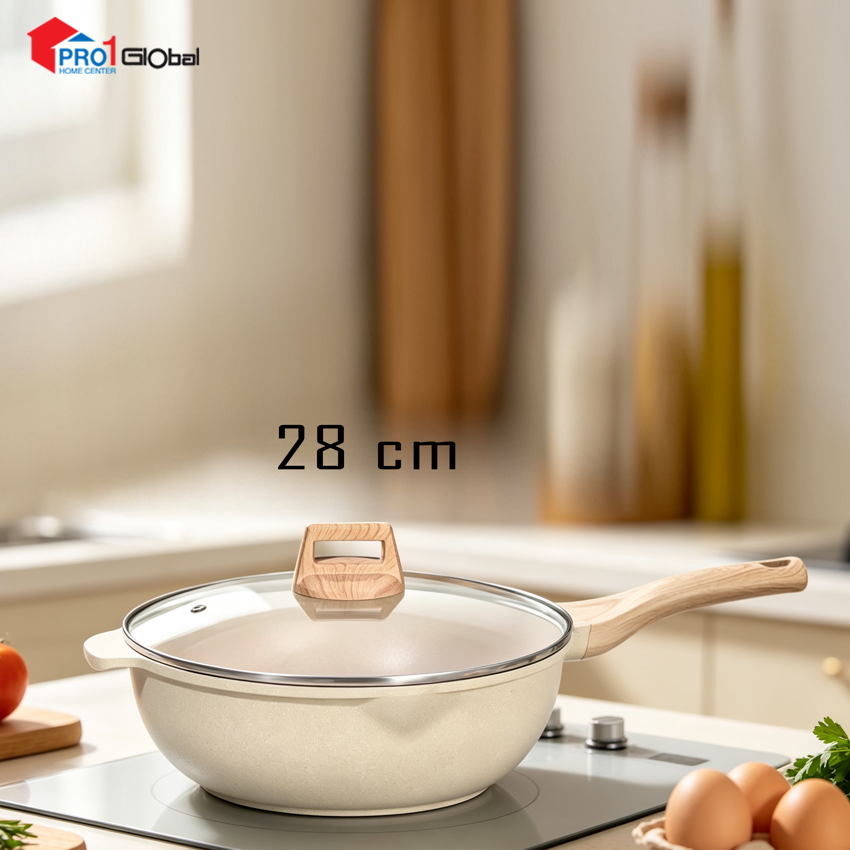 Cheffy Aluminum Frying Pan with Glass Cover  JLW07-15 (28cm) Beige