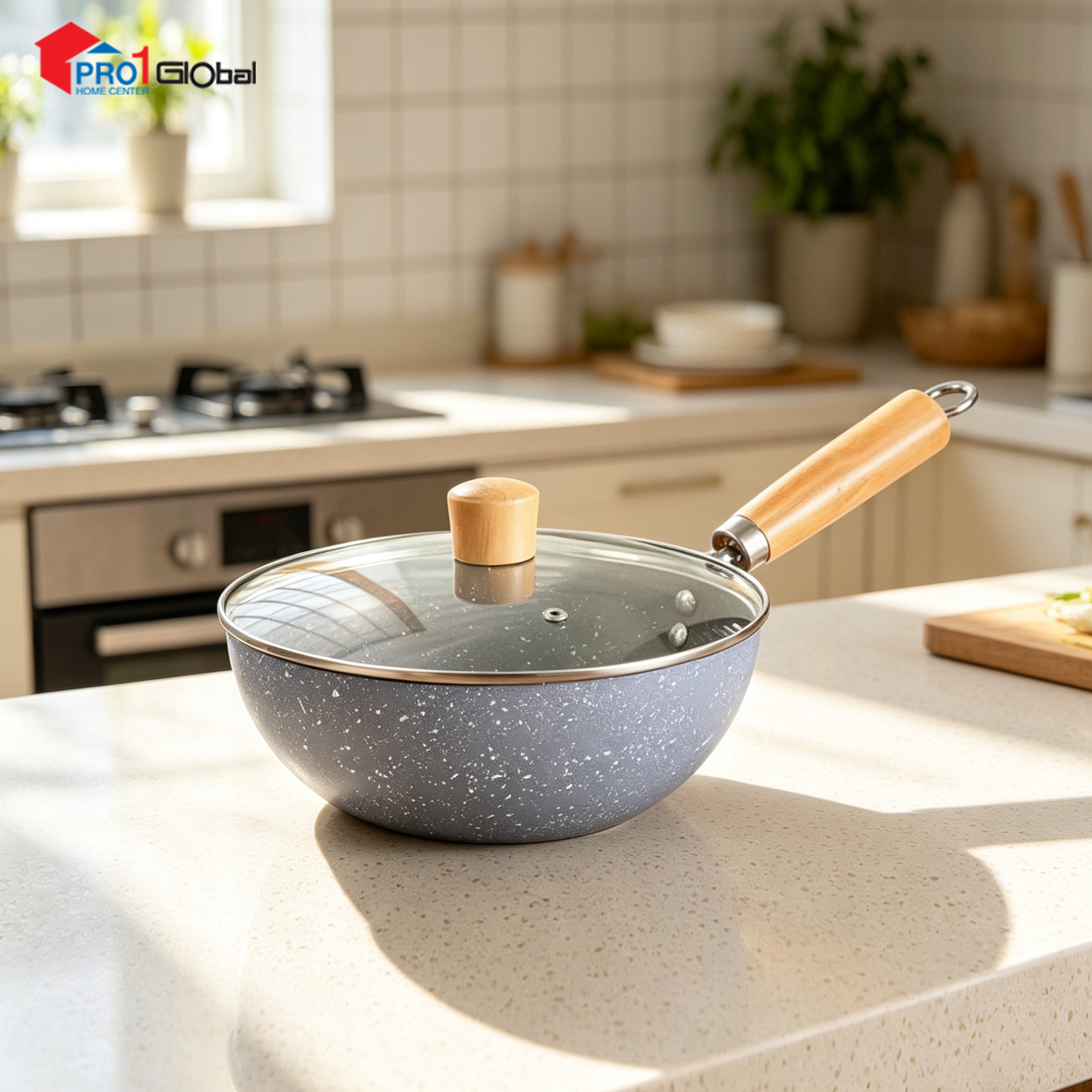 Cheffy Maifan Stone Frying Pan with Lid Glass Cover Handle is Bamboo BZG565-12 (22cm ) (Blue)