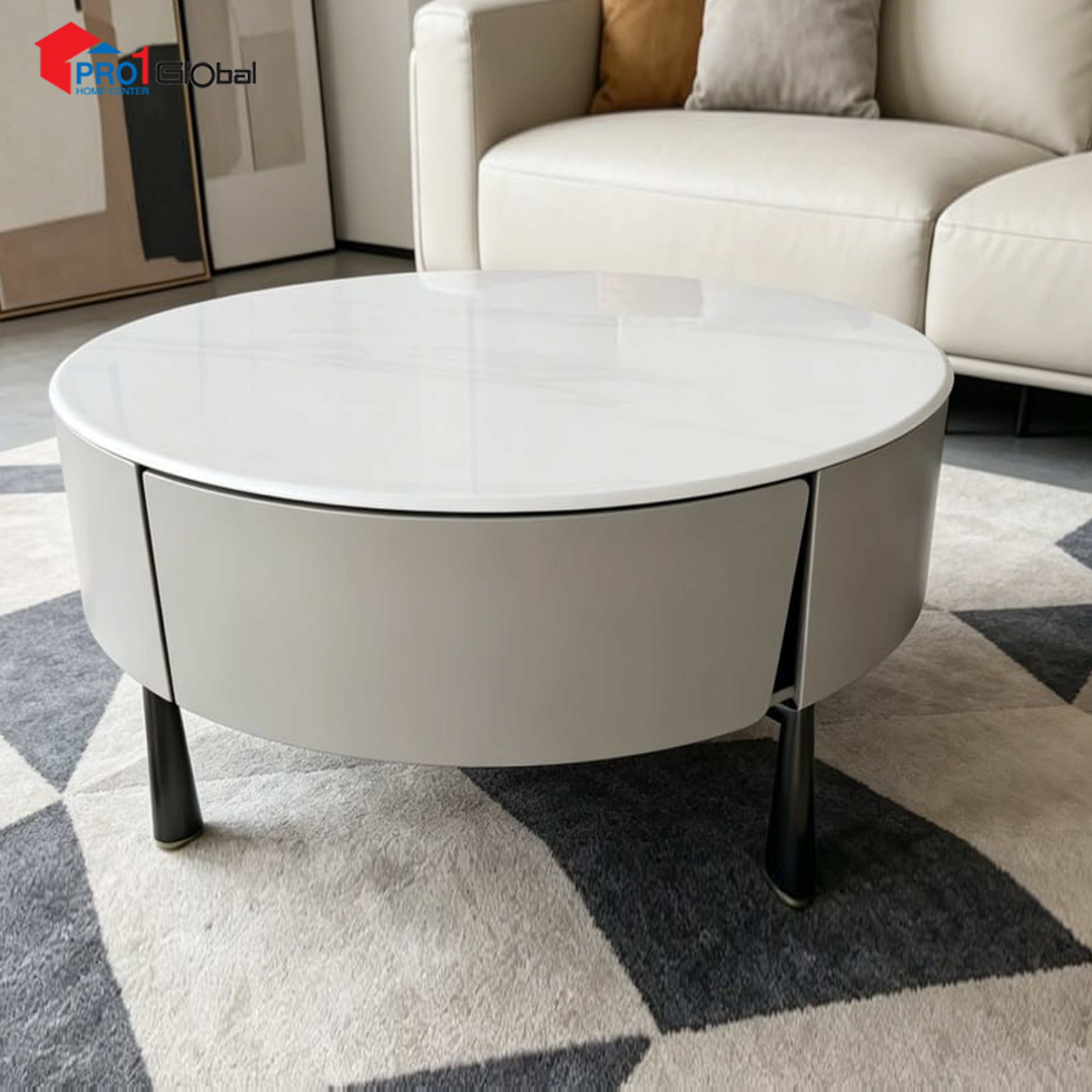 Comfy Microcrystalline Stone Tea Table HY645-14A (80x80x36)cm (White+Grey)